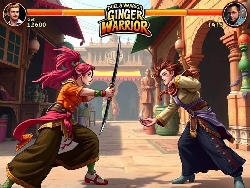 Ginger Warrior Duel Champion gameplay screenshot showing two characters dueling in a vibrant Indian marketplace